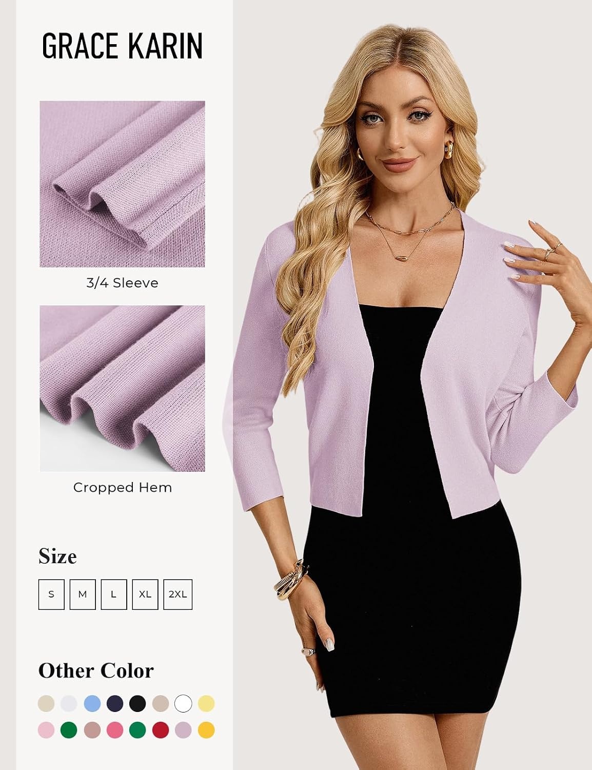 image:imageGRACE KARIN Womens 34 Sleeve Cropped Cardigan Sweater Lightweight Open Front Dressy Causal Shrug Summer OutfitsLight Purple