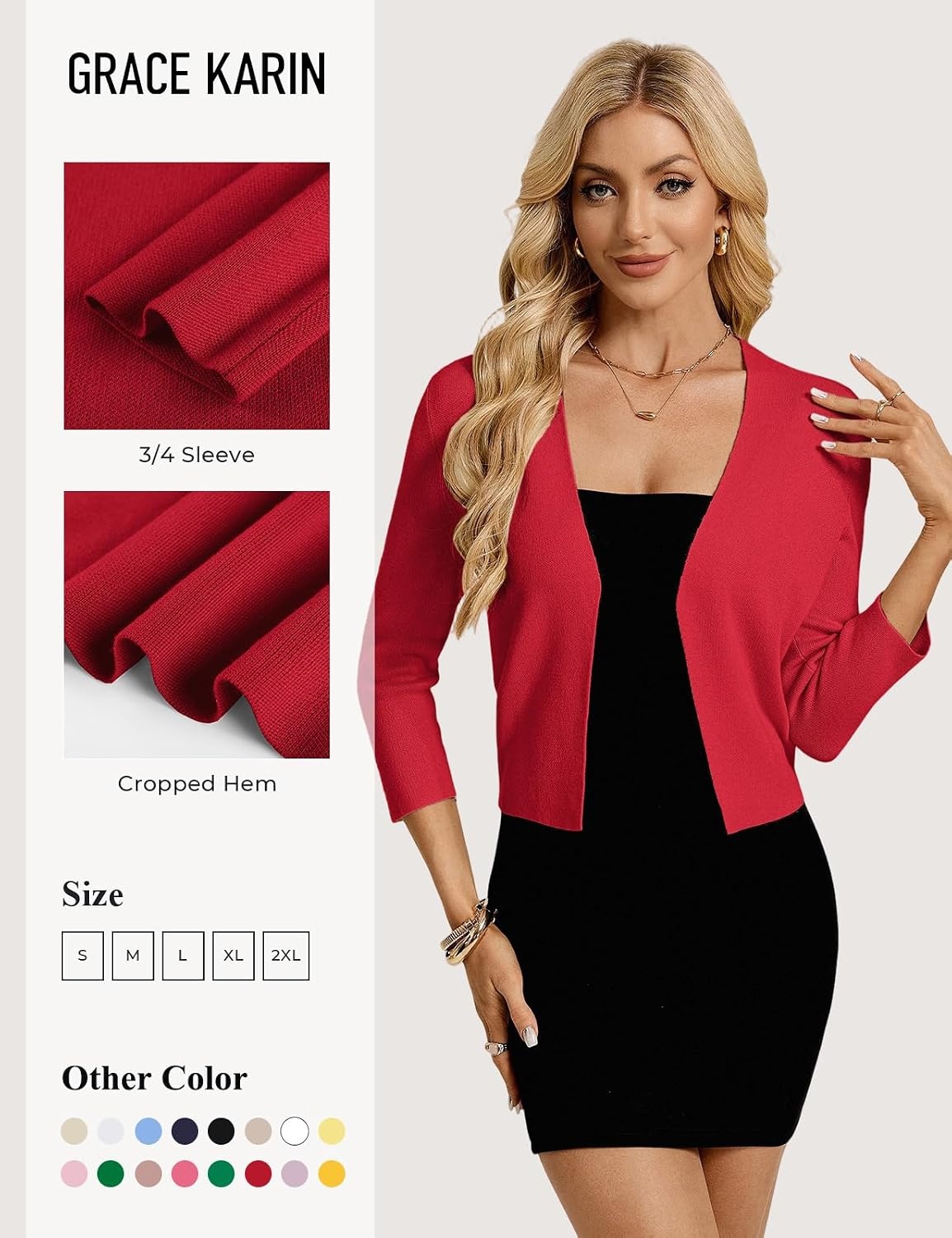 image:imageGRACE KARIN Womens 34 Sleeve Cropped Cardigan Sweater Lightweight Open Front Dressy Causal Shrug Summer OutfitsRed