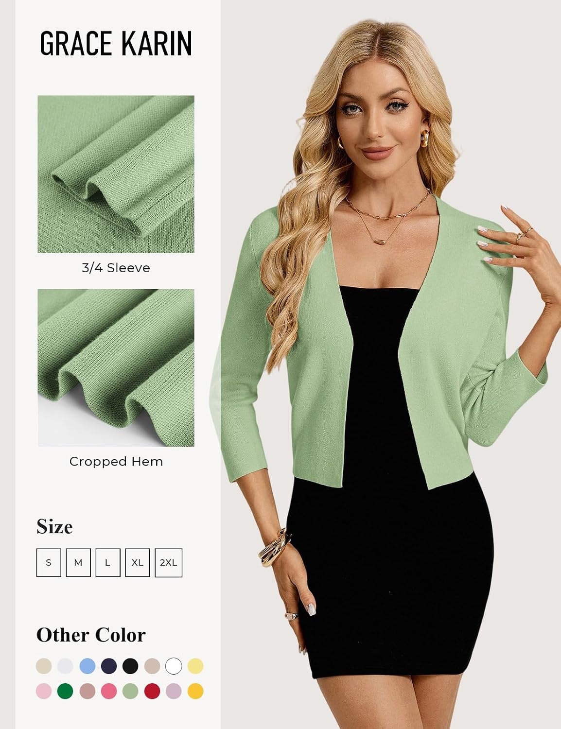 image:imageGRACE KARIN Womens 34 Sleeve Cropped Cardigan Sweater Lightweight Open Front Dressy Causal Shrug Summer OutfitsSage Green