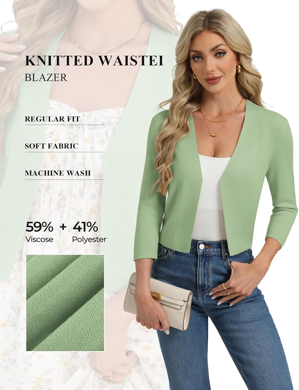 image:imageGRACE KARIN Womens 34 Sleeve Cropped Cardigan Sweater Lightweight Open Front Dressy Causal Shrug Summer OutfitsSage Green