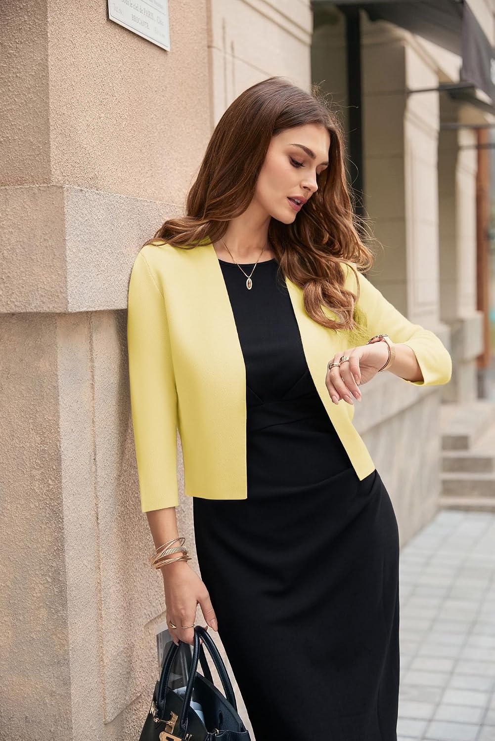 image:imageGRACE KARIN Womens 34 Sleeve Cropped Cardigan Sweater Lightweight Open Front Dressy Causal Shrug Summer OutfitsYellow