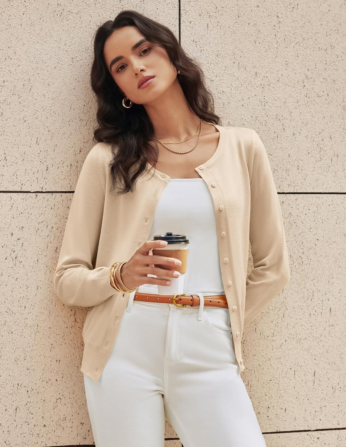 image:imageGRACE KARIN Womens Long Sleeve Knit Cardigan Sweaters Casual Dressy Open Front Button Down Cardigans Summer OutfitsApricot