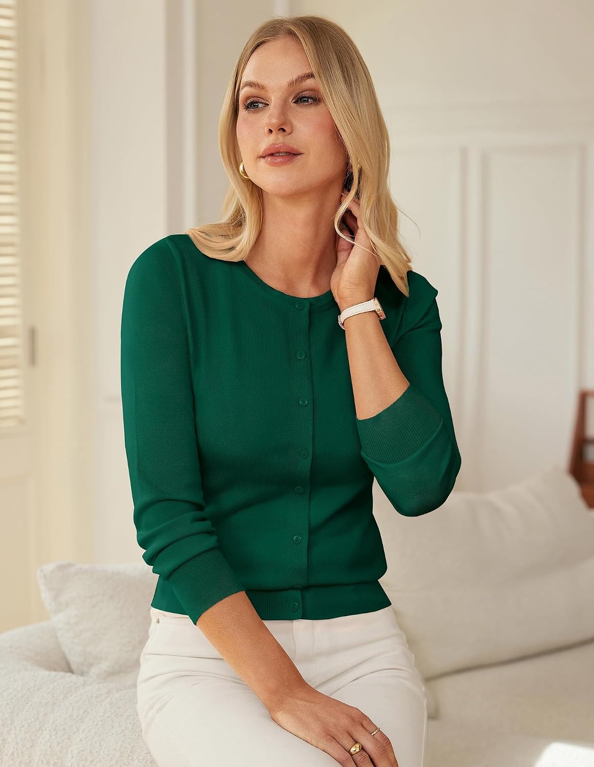 image:imageGRACE KARIN Womens Long Sleeve Knit Cardigan Sweaters Casual Dressy Open Front Button Down Cardigans Summer OutfitsDark Green