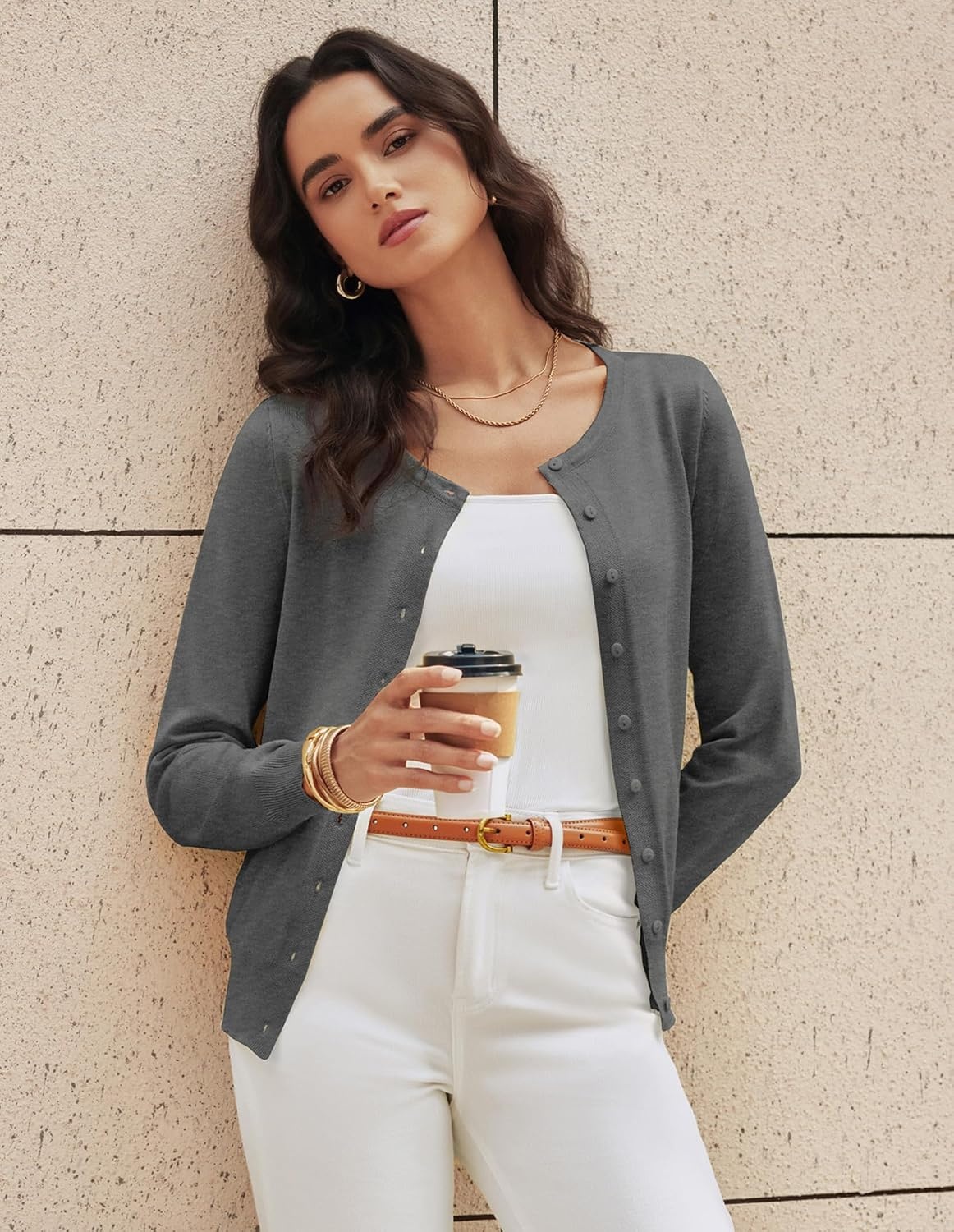image:imageGRACE KARIN Womens Long Sleeve Knit Cardigan Sweaters Casual Dressy Open Front Button Down Cardigans Summer OutfitsDark Heather Grey