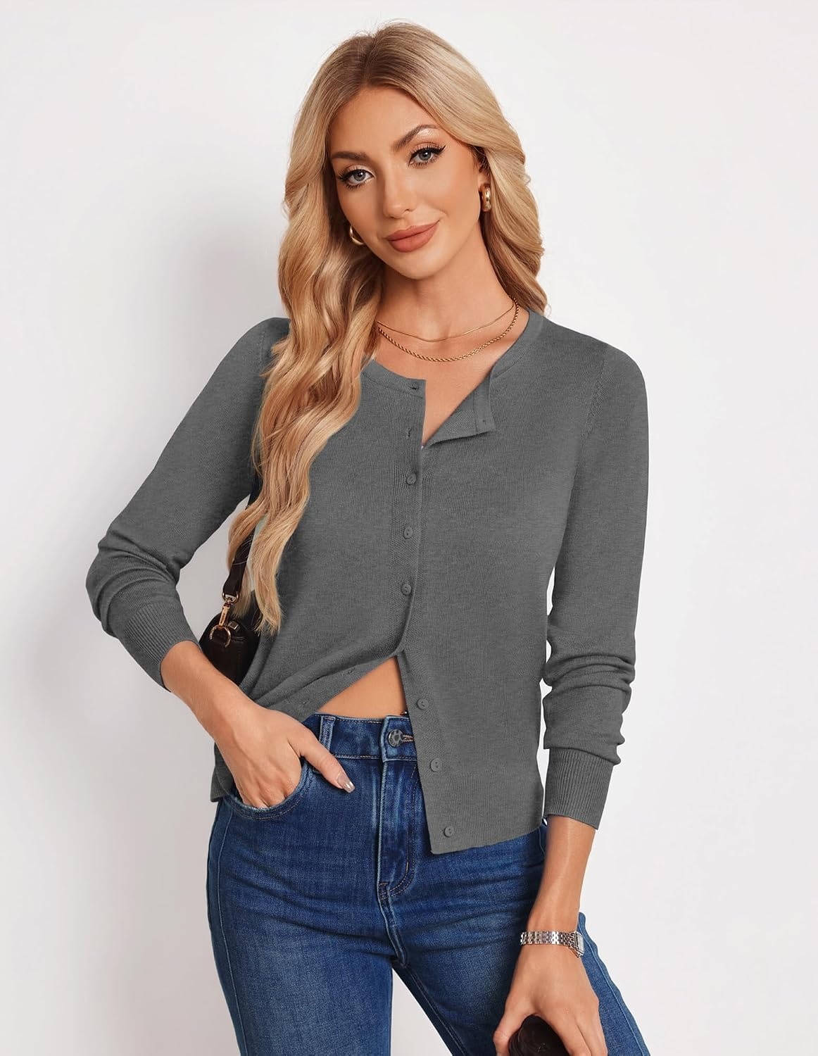 image:imageGRACE KARIN Womens Long Sleeve Knit Cardigan Sweaters Casual Dressy Open Front Button Down Cardigans Summer OutfitsDark Heather Grey
