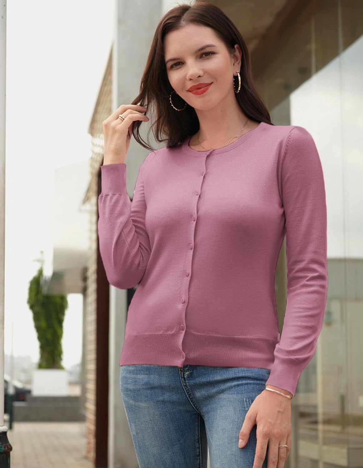 image:imageGRACE KARIN Womens Long Sleeve Knit Cardigan Sweaters Casual Dressy Open Front Button Down Cardigans Summer OutfitsDusty Rose