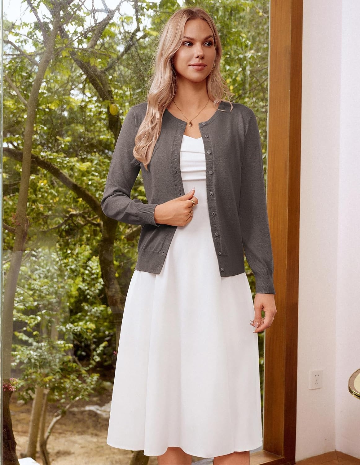 image:imageGRACE KARIN Womens Long Sleeve Knit Cardigan Sweaters Casual Dressy Open Front Button Down Cardigans Summer OutfitsGrayishbrown