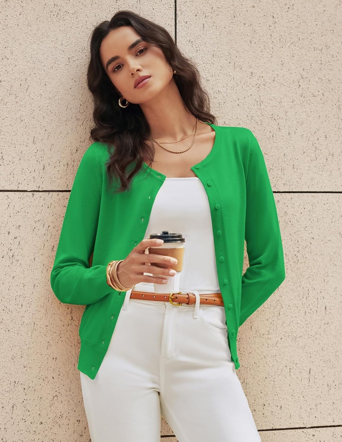 image:imageGRACE KARIN Womens Long Sleeve Knit Cardigan Sweaters Casual Dressy Open Front Button Down Cardigans Summer OutfitsGreen
