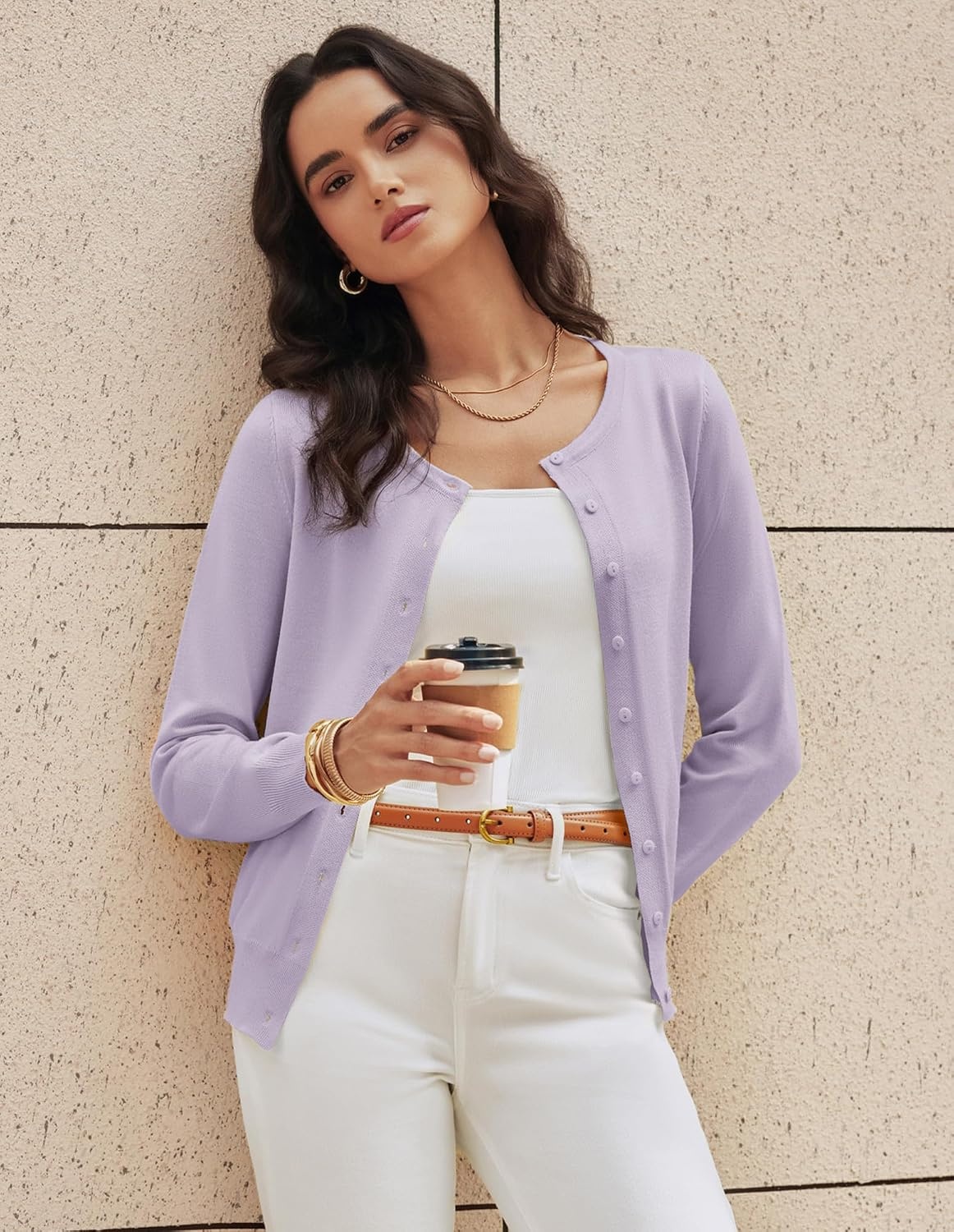 image:imageGRACE KARIN Womens Long Sleeve Knit Cardigan Sweaters Casual Dressy Open Front Button Down Cardigans Summer OutfitsLight Purple
