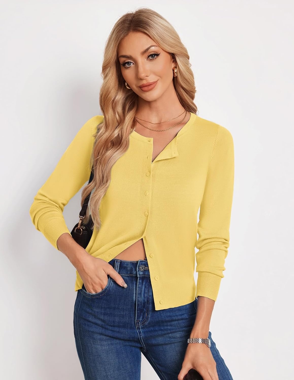 image:imageGRACE KARIN Womens Long Sleeve Knit Cardigan Sweaters Casual Dressy Open Front Button Down Cardigans Summer OutfitsLight Yellow
