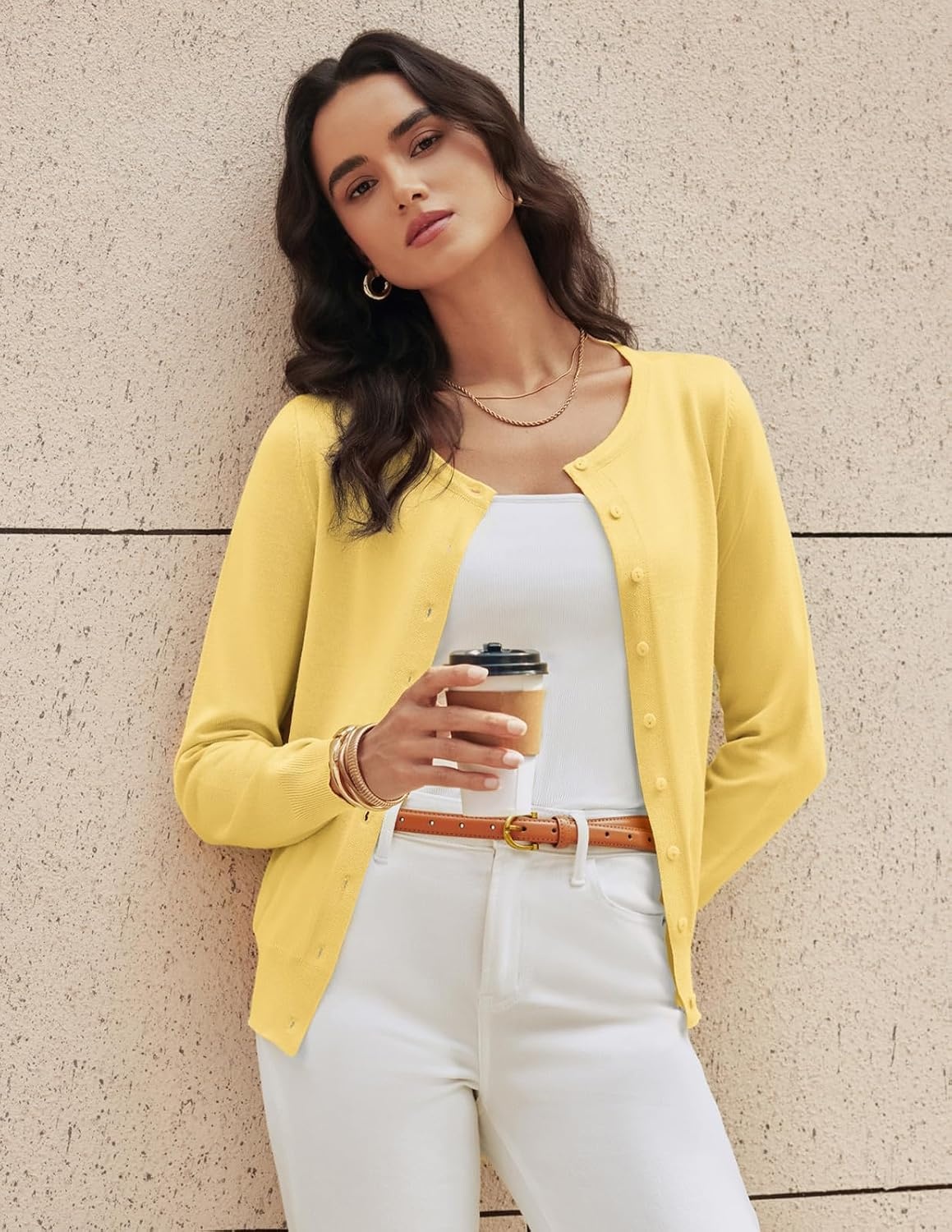 image:imageGRACE KARIN Womens Long Sleeve Knit Cardigan Sweaters Casual Dressy Open Front Button Down Cardigans Summer OutfitsLight Yellow