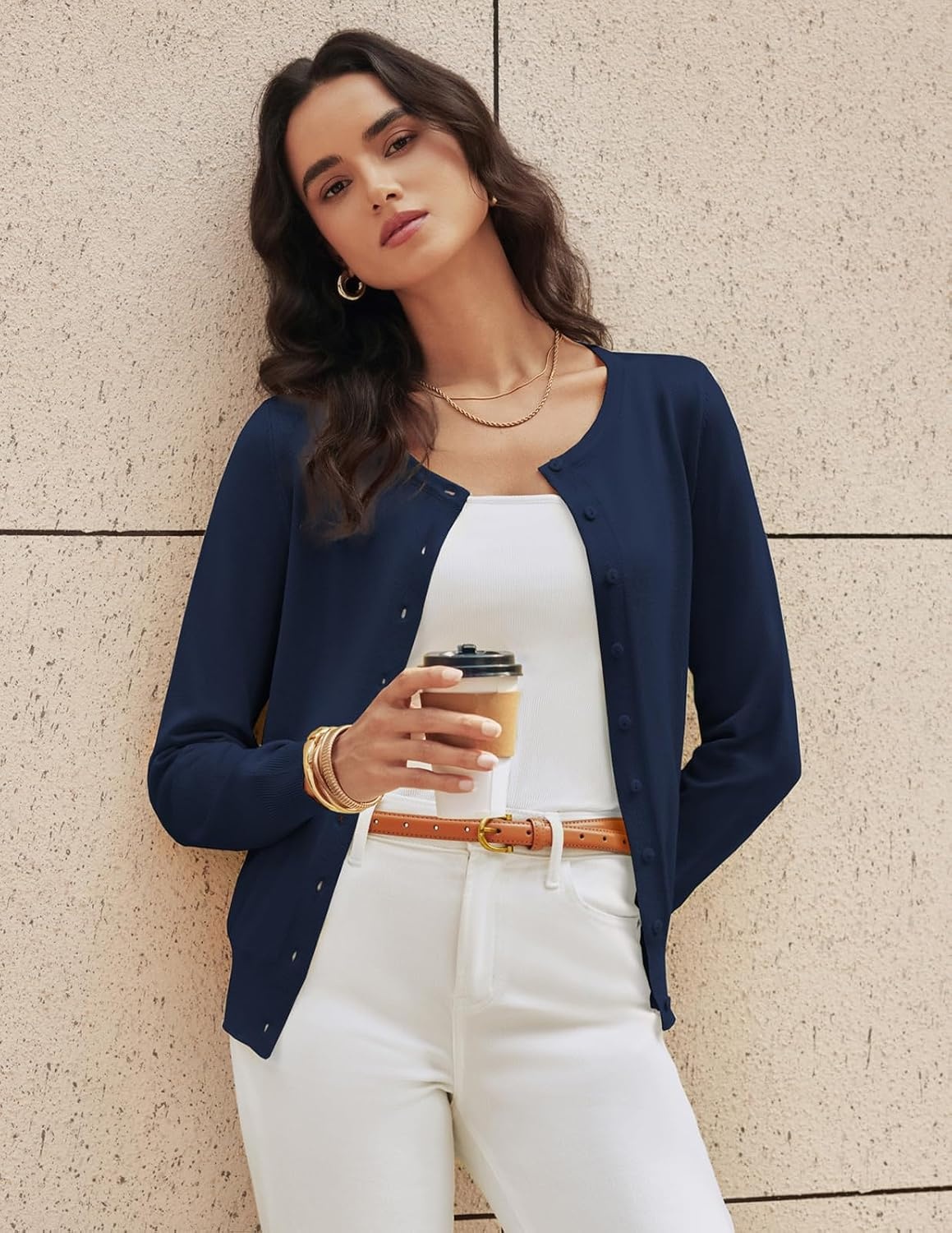 image:imageGRACE KARIN Womens Long Sleeve Knit Cardigan Sweaters Casual Dressy Open Front Button Down Cardigans Summer OutfitsNavy Blue