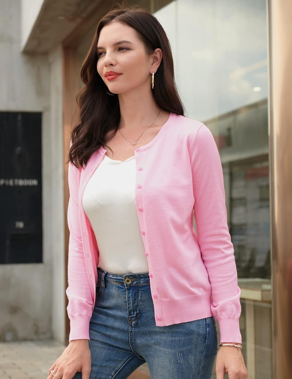 image:imageGRACE KARIN Womens Long Sleeve Knit Cardigan Sweaters Casual Dressy Open Front Button Down Cardigans Summer OutfitsPink