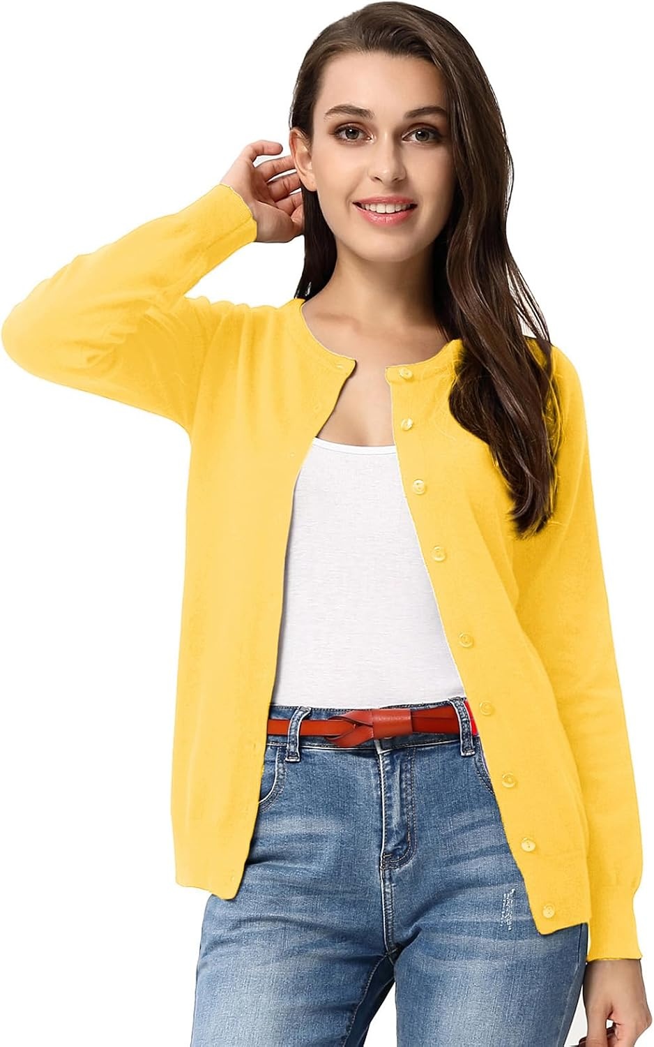 image:imageGRACE KARIN Womens Long Sleeve Knit Cardigan Sweaters Casual Dressy Open Front Button Down Cardigans Summer OutfitsYellow