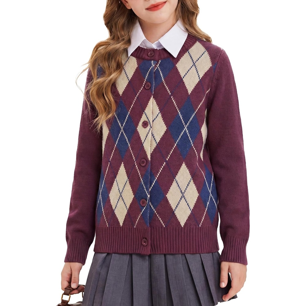 image:imageGRACE KARIN Girls Cardigan Sweater Button Argyle Knit School Uniform 614Y Long Sleeve Crew Neck Ribbed Knitted Cardigan Soft Stretch Fabric for Casual School Daily Preppy Classic Kids Children YouthWine