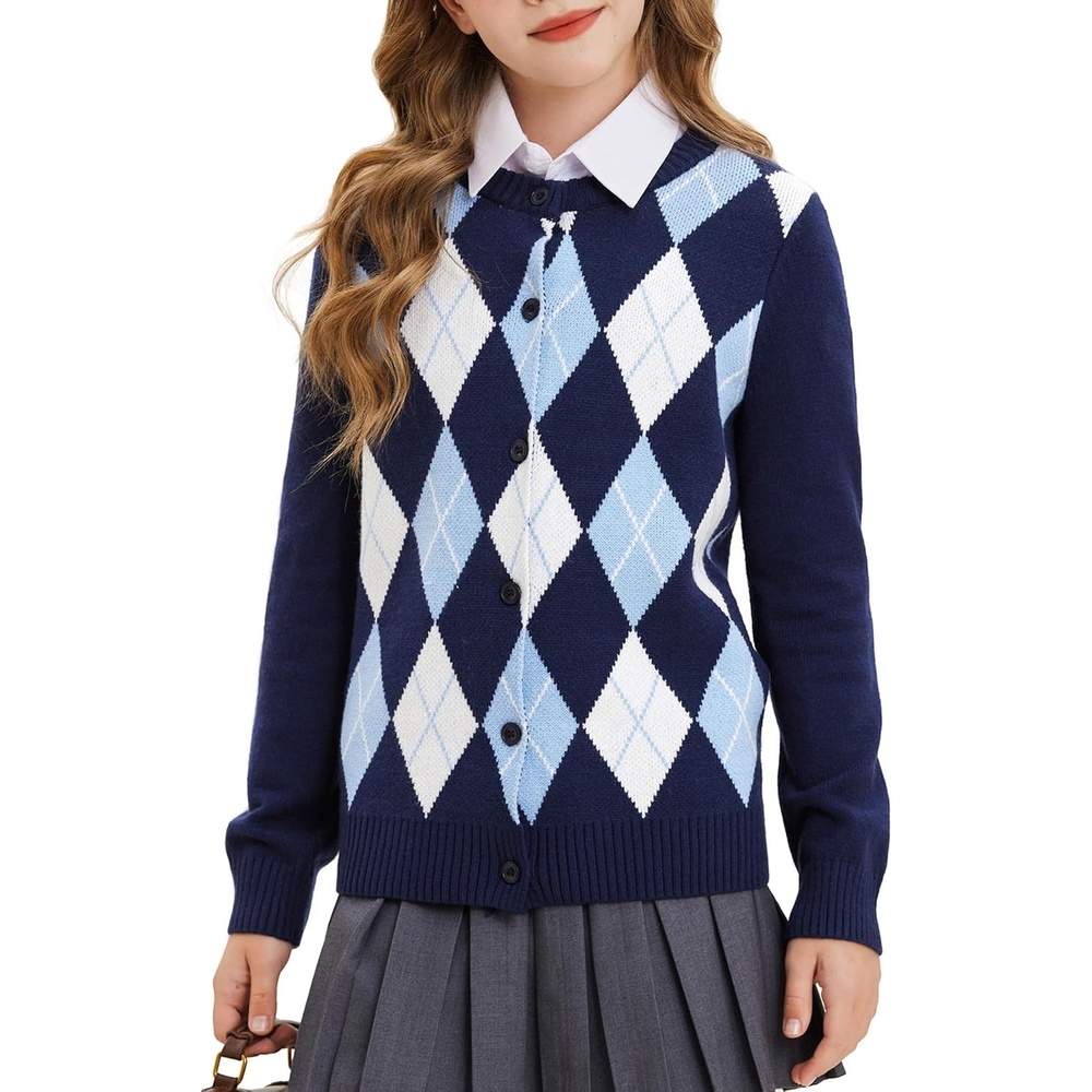image:imageGRACE KARIN Girls Cardigan Sweater Button Argyle Knit School Uniform 614Y Long Sleeve Crew Neck Ribbed Knitted Cardigan Soft Stretch Fabric for Casual School Daily Preppy Classic Kids Children YouthNavy