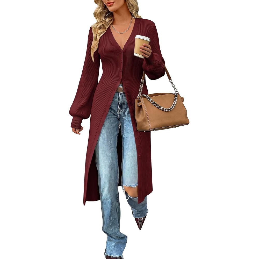 image:imageGRACE KARIN Long Cardigan Sweaters for Women V Neck Button Up Sweater Maxi DressWine Red