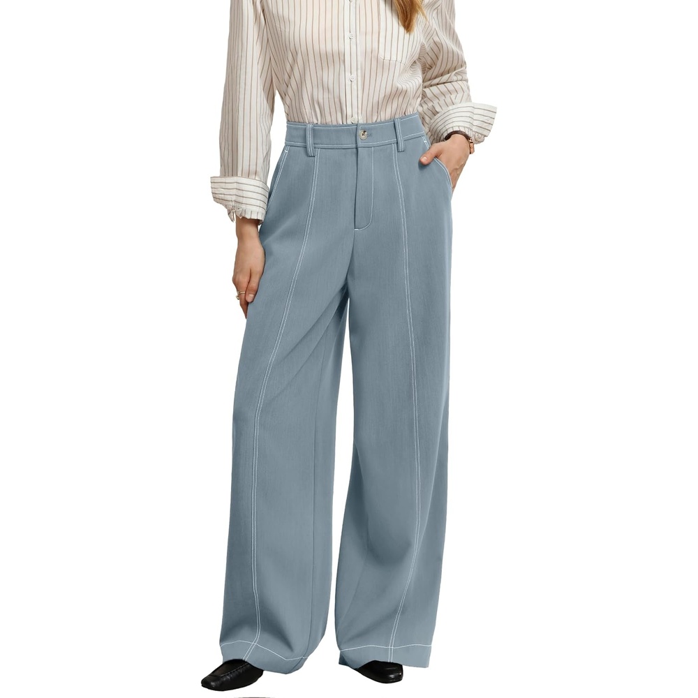 image:imageGRACE KARIN Wide Leg Pants for Women High Waist Dress Trousers Fall Winter Business Office Casual WearGrey Blue