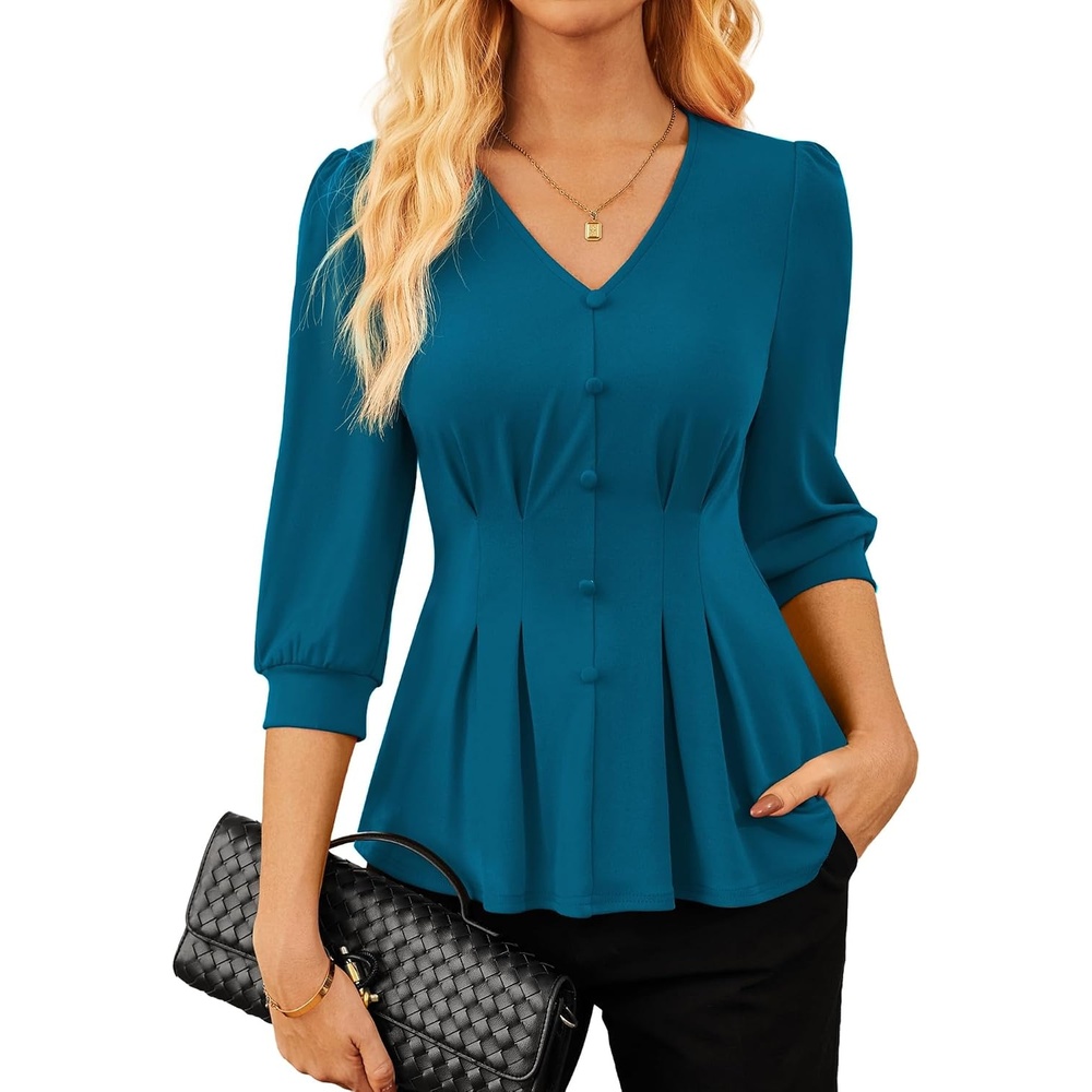 image:imageGRACE KARIN Women Business Casual Tops 2026 Summer Trendy Dressy Blouses 34 Sleeve Peplum Work Shirts V Neck Office OutfitBlue