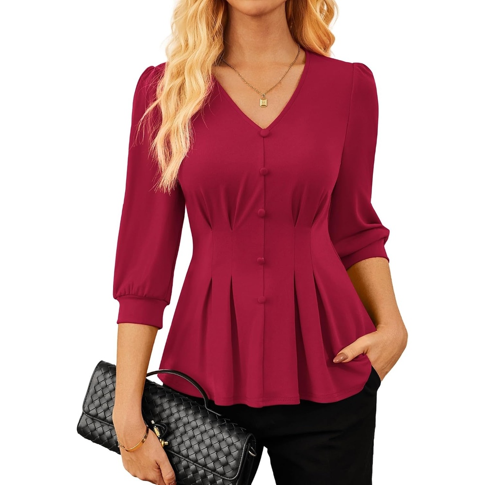 image:imageGRACE KARIN Women Business Casual Tops 2026 Summer Trendy Dressy Blouses 34 Sleeve Peplum Work Shirts V Neck Office OutfitBurgundy
