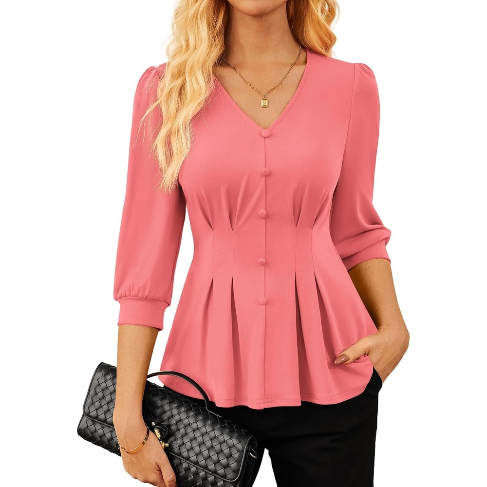 image:imageGRACE KARIN Women Business Casual Tops 2026 Summer Trendy Dressy Blouses 34 Sleeve Peplum Work Shirts V Neck Office OutfitCoral
