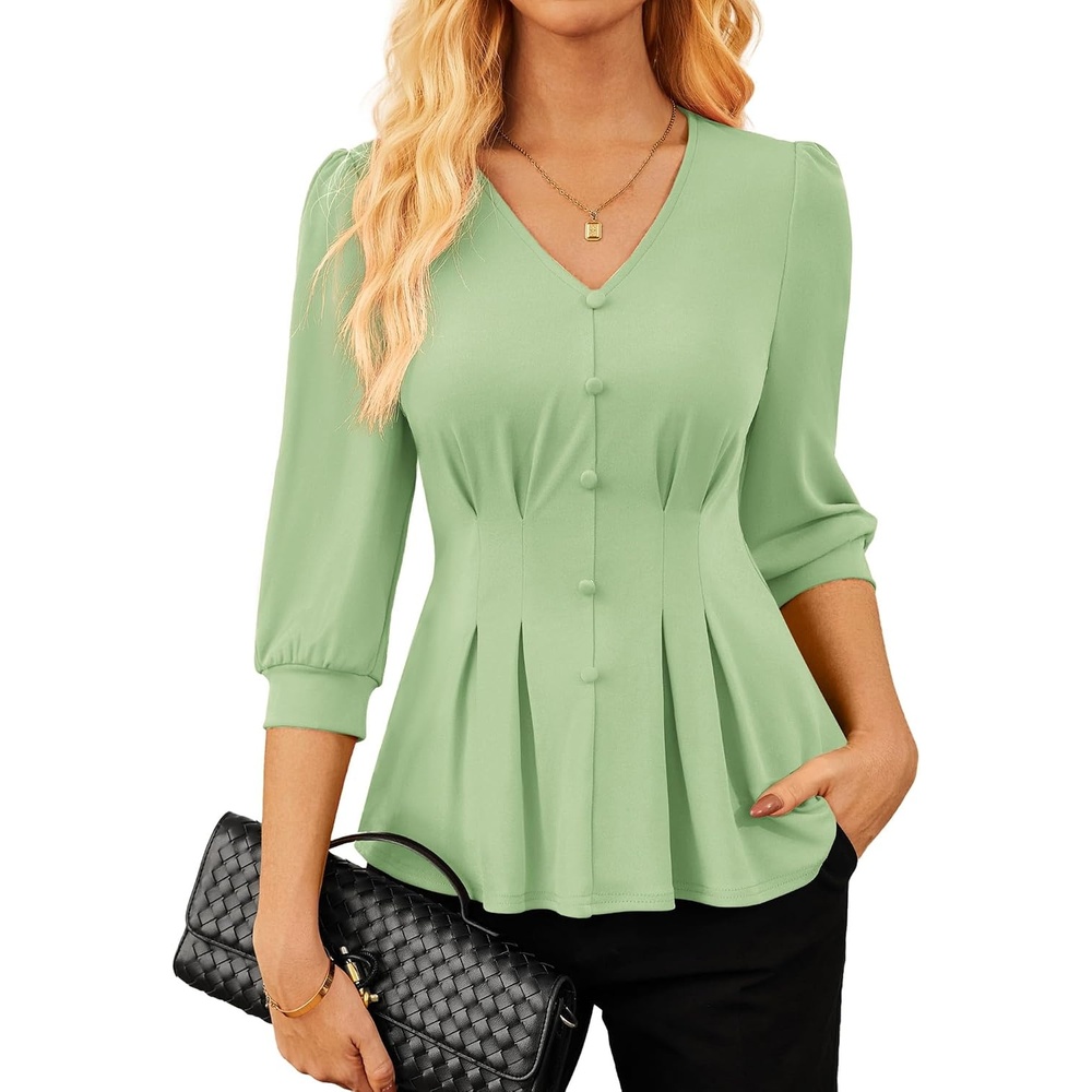 image:imageGRACE KARIN Women Business Casual Tops 2026 Summer Trendy Dressy Blouses 34 Sleeve Peplum Work Shirts V Neck Office OutfitLight Green