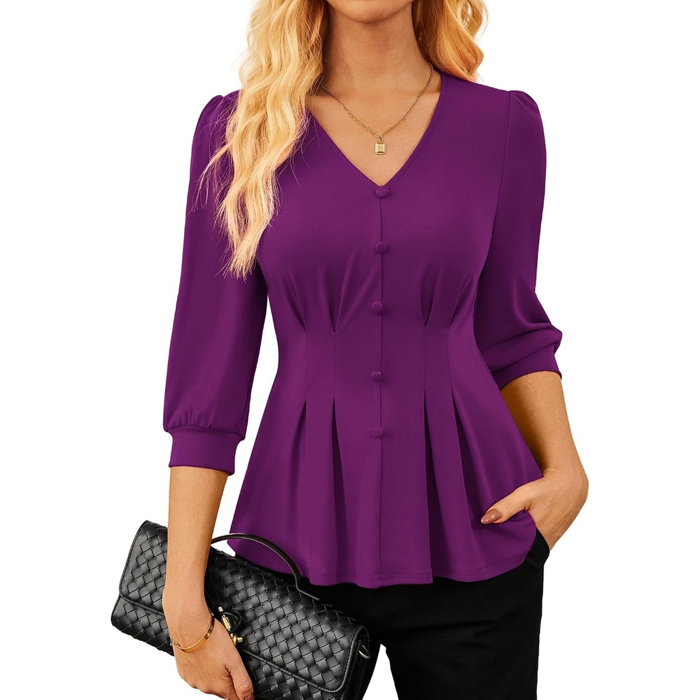 image:imageGRACE KARIN Women Business Casual Tops 2026 Summer Trendy Dressy Blouses 34 Sleeve Peplum Work Shirts V Neck Office OutfitPurple
