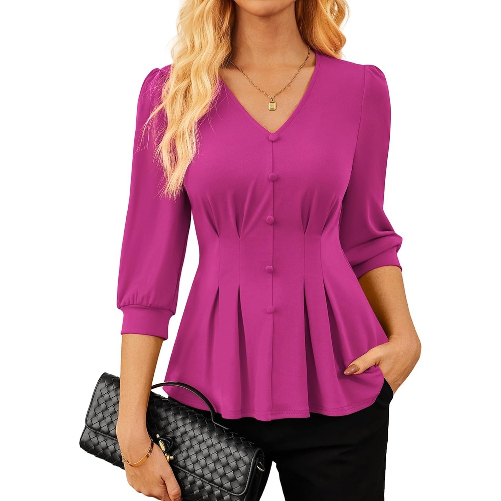 image:imageGRACE KARIN Women Business Casual Tops 2026 Summer Trendy Dressy Blouses 34 Sleeve Peplum Work Shirts V Neck Office OutfitPurple Red
