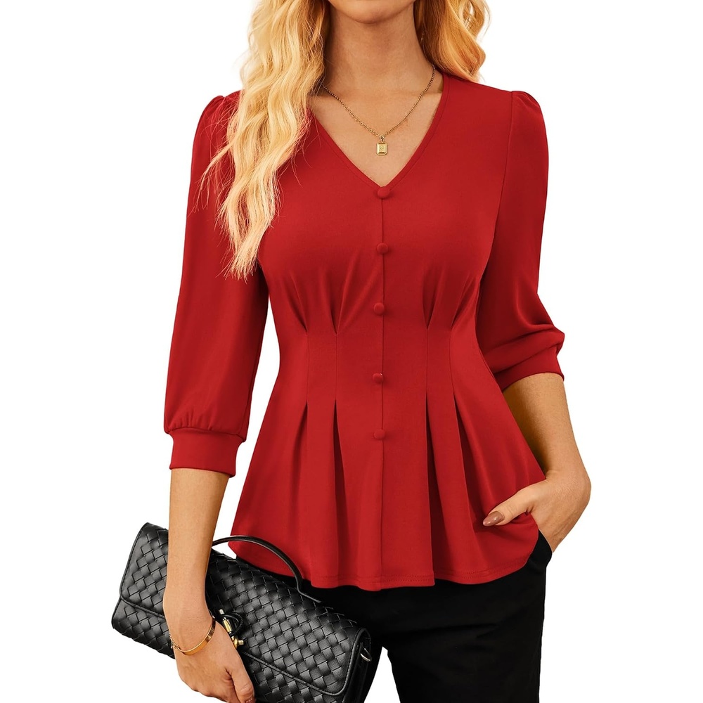 image:imageGRACE KARIN Women Business Casual Tops 2026 Summer Trendy Dressy Blouses 34 Sleeve Peplum Work Shirts V Neck Office OutfitRed