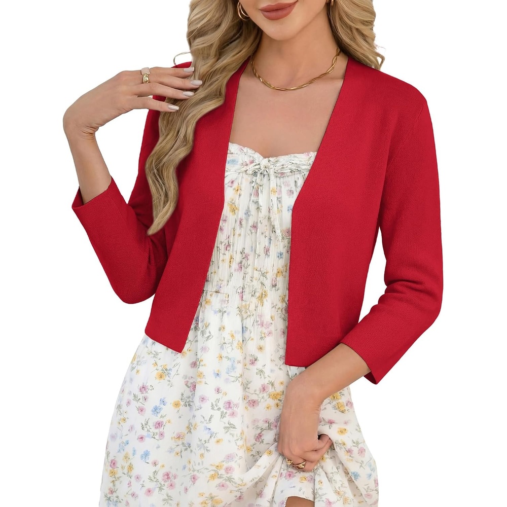 image:imageGRACE KARIN Womens 34 Sleeve Cropped Cardigan Sweater Lightweight Open Front Dressy Causal Shrug Summer OutfitsRed