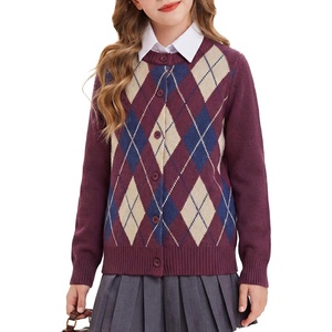 GRACE KARIN Girls Cardigan Sweater Button Argyle Knit School Uniform 6-14Y | Long Sleeve Crew Neck Ribbed Knitted Cardigan, Soft Stretch Fabric for Casual School Daily Preppy Classic Kids Children Youth(Wine)