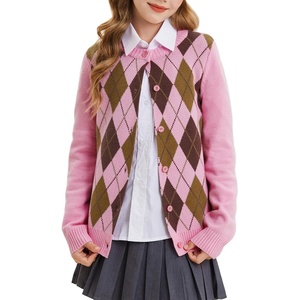 GRACE KARIN Girls Cardigan Sweater Button Argyle Knit School Uniform 6-14Y | Long Sleeve Crew Neck Ribbed Knitted Cardigan, Soft Stretch Fabric for Casual School Daily Preppy Classic Kids Children Youth(Pink)