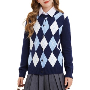 GRACE KARIN Girls Cardigan Sweater Button Argyle Knit School Uniform 6-14Y | Long Sleeve Crew Neck Ribbed Knitted Cardigan, Soft Stretch Fabric for Casual School Daily Preppy Classic Kids Children Youth(Navy)