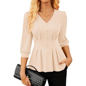 GRACE KARIN Women Business Casual Tops, 2026 Summer Trendy Dressy Blouses, 3/4 Sleeve Peplum Work Shirts V Neck Office Outfit(Apricot)