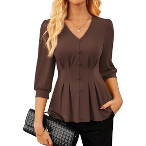 GRACE KARIN Women Business Casual Tops, 2026 Summer Trendy Dressy Blouses, 3/4 Sleeve Peplum Work Shirts V Neck Office Outfit(Chocolate)