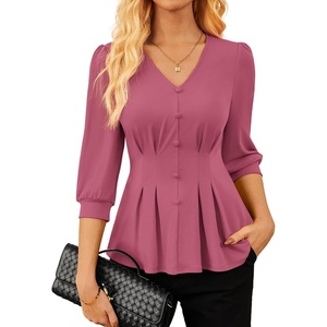 GRACE KARIN Women Business Casual Tops, 2026 Summer Trendy Dressy Blouses, 3/4 Sleeve Peplum Work Shirts V Neck Office Outfit(Fuchsia)