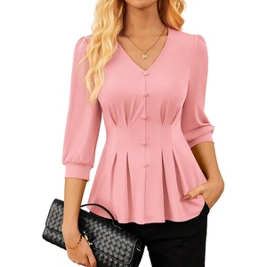 GRACE KARIN Women Business Casual Tops, 2026 Summer Trendy Dressy Blouses, 3/4 Sleeve Peplum Work Shirts V Neck Office Outfit(Light Pink)
