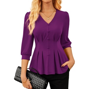 GRACE KARIN Women Business Casual Tops, 2026 Summer Trendy Dressy Blouses, 3/4 Sleeve Peplum Work Shirts V Neck Office Outfit(Purple)