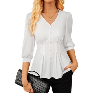 GRACE KARIN Women Business Casual Tops, 2026 Summer Trendy Dressy Blouses, 3/4 Sleeve Peplum Work Shirts V Neck Office Outfit(White)
