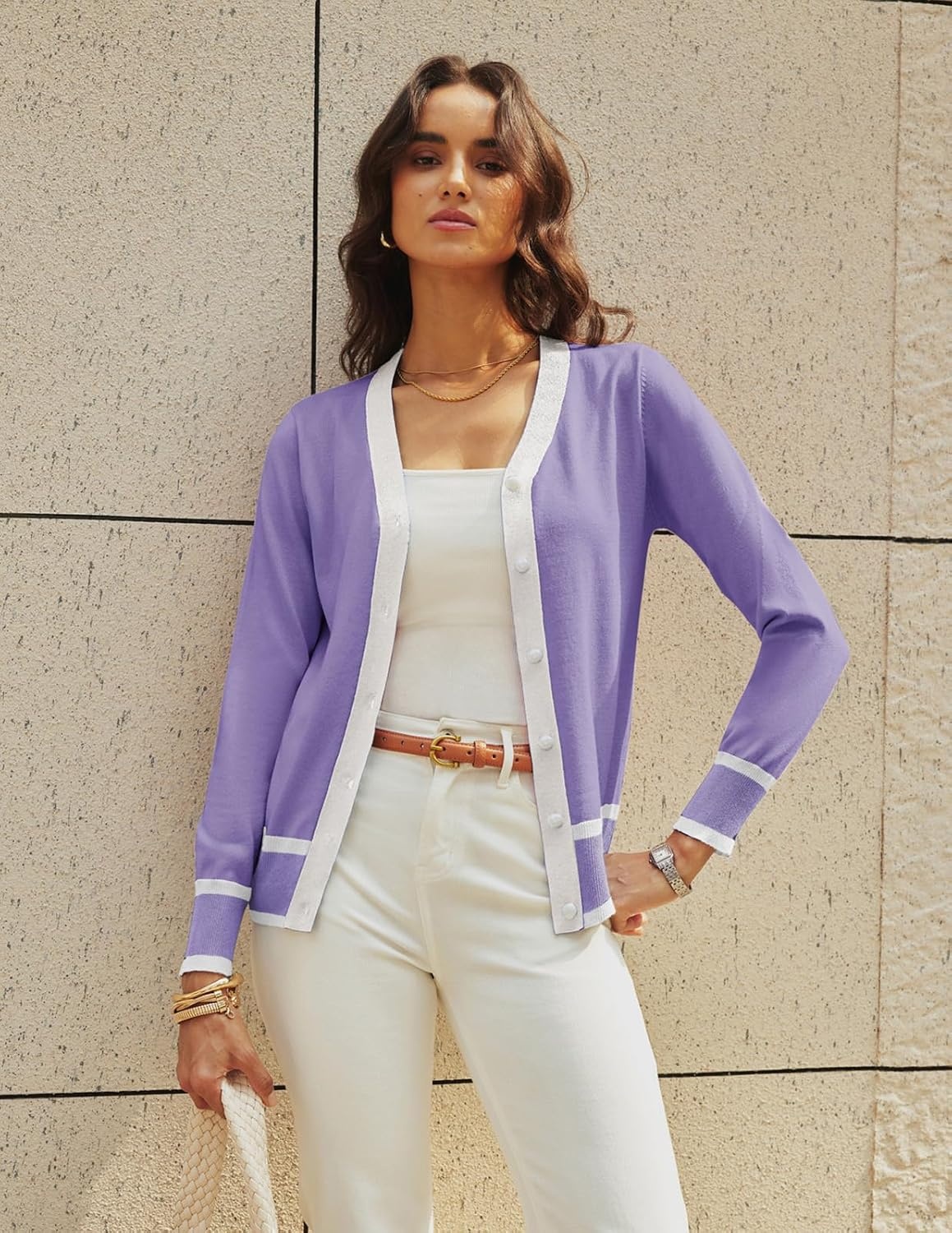 image:imageGRACE KARIN Cardigan Sweaters for Women Lightweight Long Sleeve Cropped Cardigan Summer Fall Fashion Clothing Outfits ShrugLight Purple