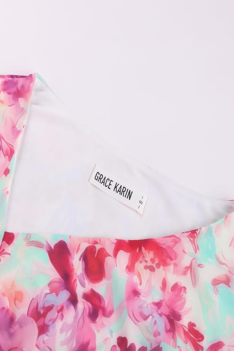 image:imageGRACE KARIN Women Mesh Asymmetrical Neck Shirts Dressy Casual Ruched Long Sleeve Boho Top 2026 Summer Blouse Floral ClothesBlue