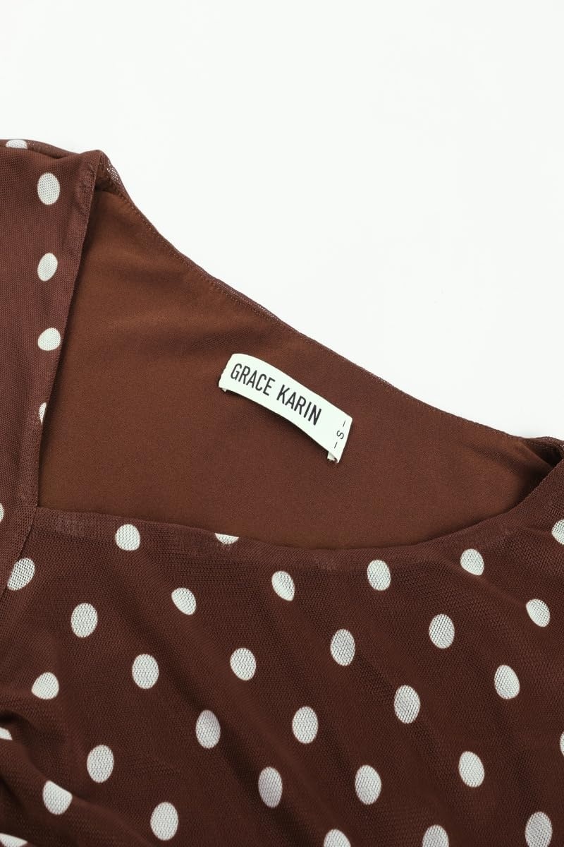 image:imageGRACE KARIN Women Mesh Asymmetrical Neck Shirts Dressy Casual Ruched Long Sleeve Boho Top 2026 Summer Blouse Floral ClothesBrown Polka Dot