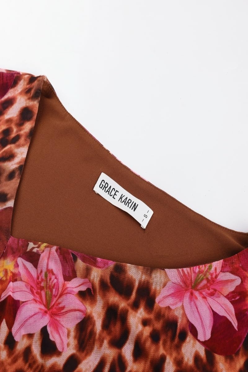 image:imageGRACE KARIN Women Mesh Asymmetrical Neck Shirts Dressy Casual Ruched Long Sleeve Boho Top 2026 Summer Blouse Floral ClothesLeopard