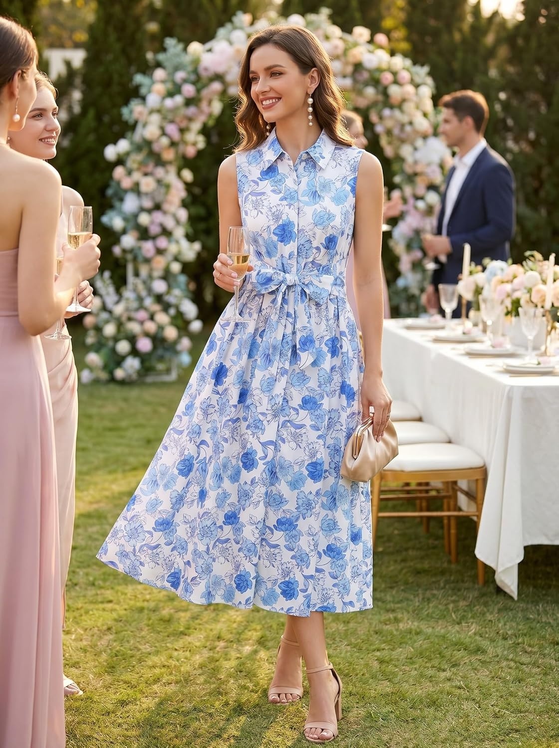 image:imageGRACE KARIN Womens 2026 Summer Sleeveless Floral Flowy Casual Dresses Boho Tie Belt A Line Shirt Midi Dress with PocketBlue