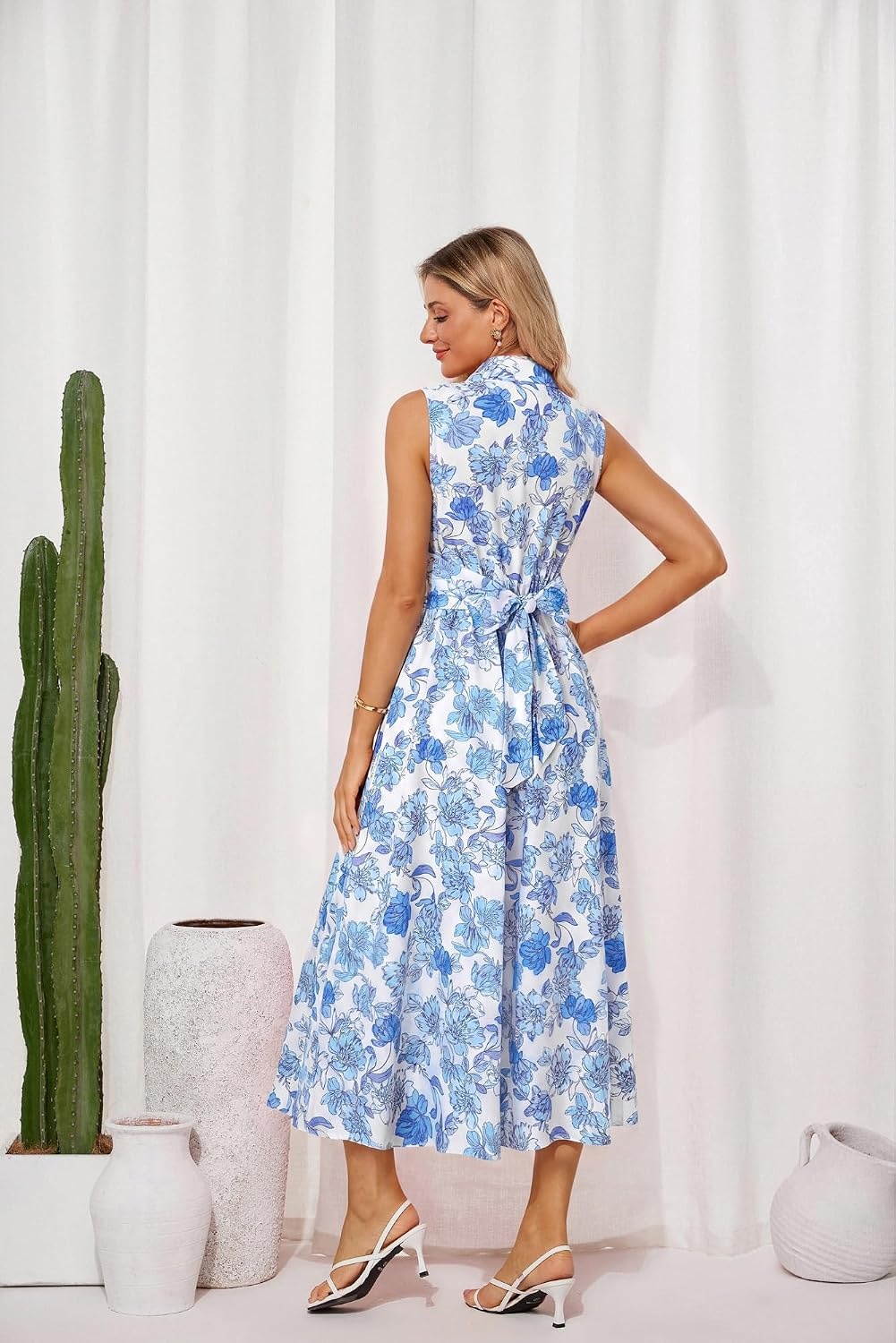 image:imageGRACE KARIN Womens 2026 Summer Sleeveless Floral Flowy Casual Dresses Boho Tie Belt A Line Shirt Midi Dress with PocketBlue