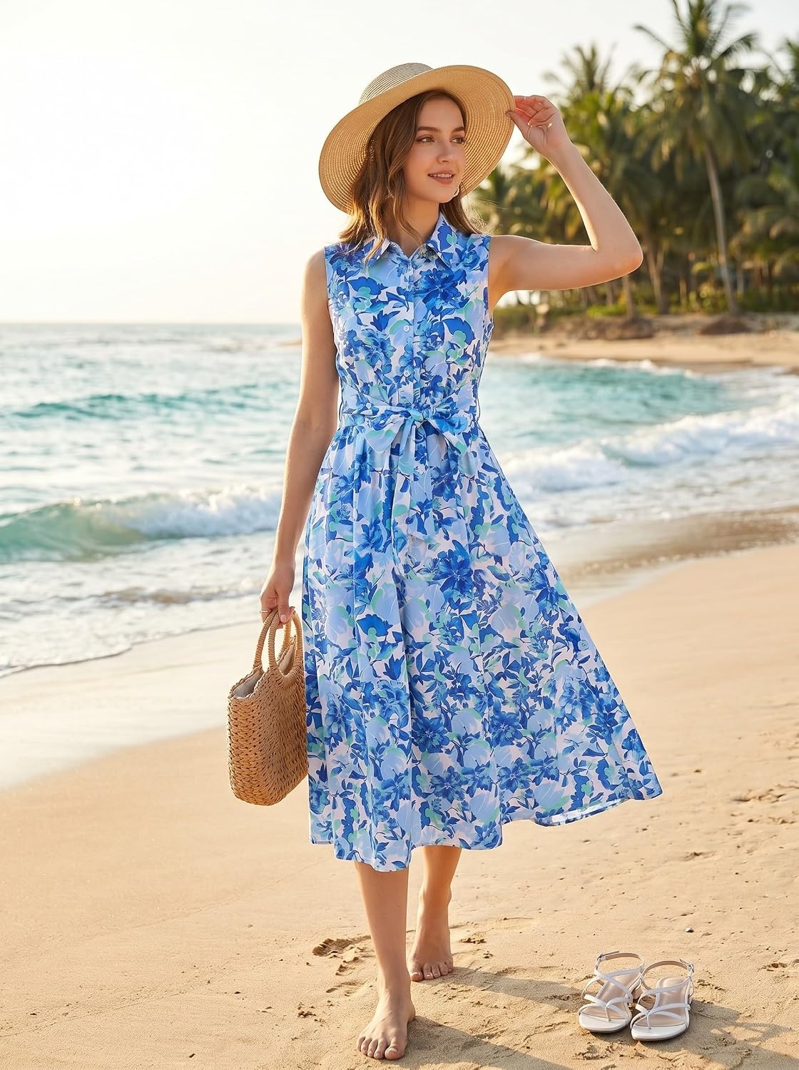 image:imageGRACE KARIN Womens 2026 Summer Sleeveless Floral Flowy Casual Dresses Boho Tie Belt A Line Shirt Midi Dress with PocketBlue Flower