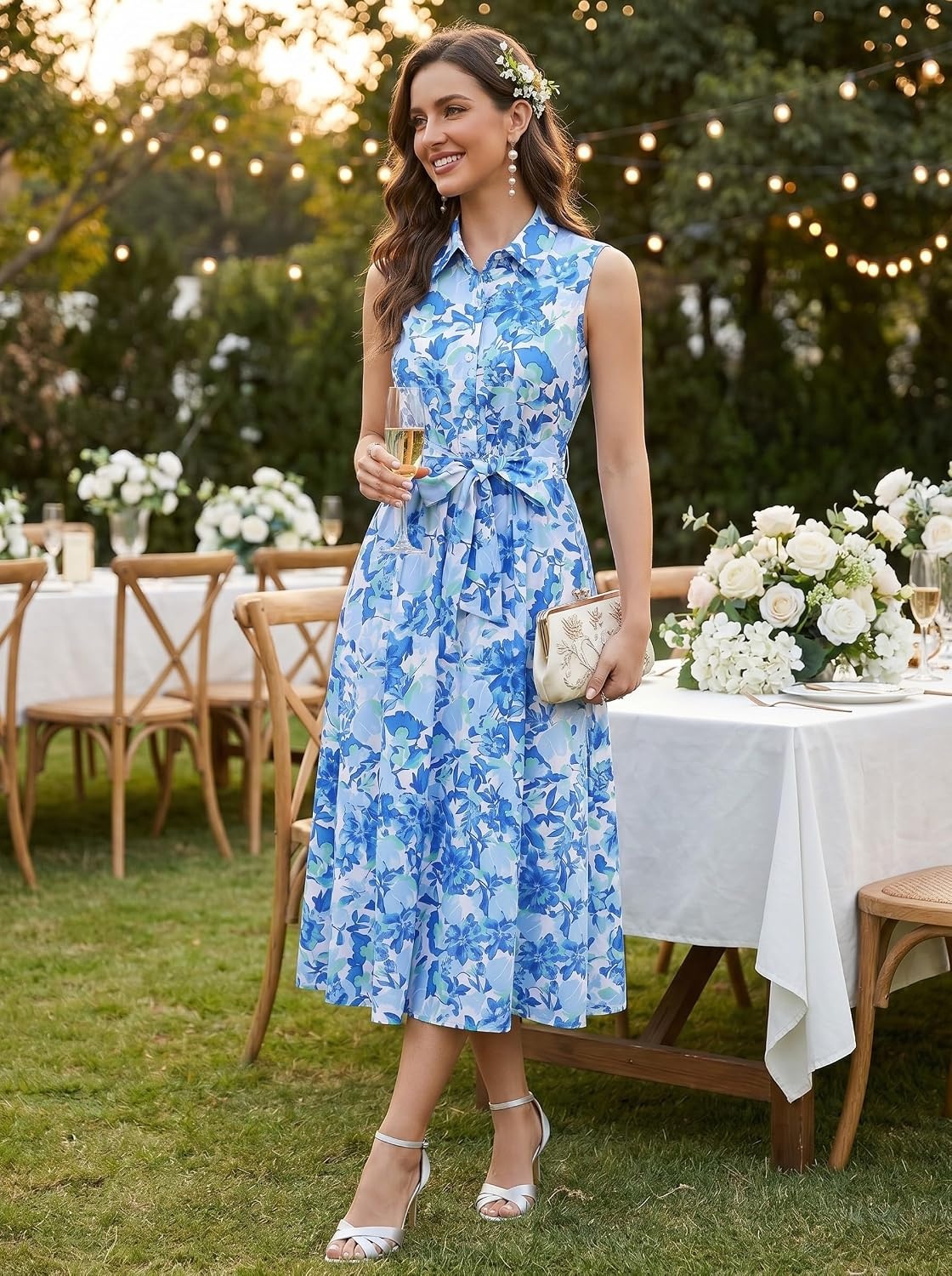 image:imageGRACE KARIN Womens 2026 Summer Sleeveless Floral Flowy Casual Dresses Boho Tie Belt A Line Shirt Midi Dress with PocketBlue Flower