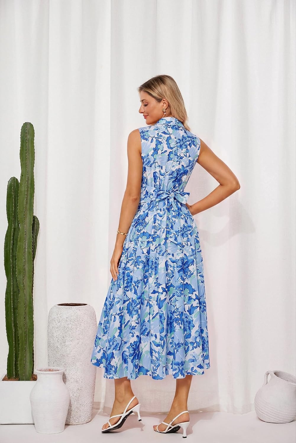 image:imageGRACE KARIN Womens 2026 Summer Sleeveless Floral Flowy Casual Dresses Boho Tie Belt A Line Shirt Midi Dress with PocketBlue Flower