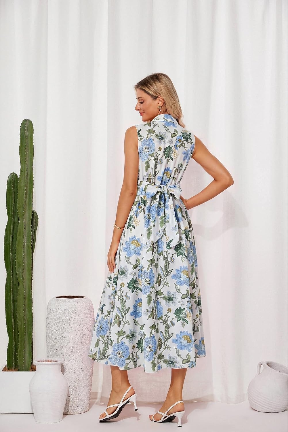 image:imageGRACE KARIN Womens 2026 Summer Sleeveless Floral Flowy Casual Dresses Boho Tie Belt A Line Shirt Midi Dress with PocketGreen