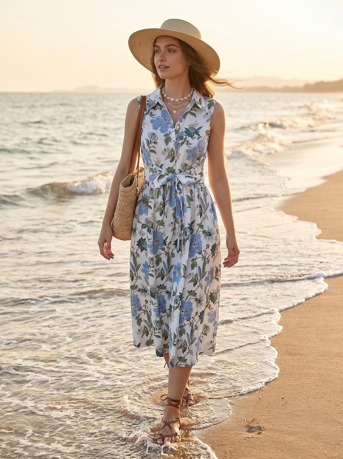 image:imageGRACE KARIN Womens 2026 Summer Sleeveless Floral Flowy Casual Dresses Boho Tie Belt A Line Shirt Midi Dress with PocketGreen